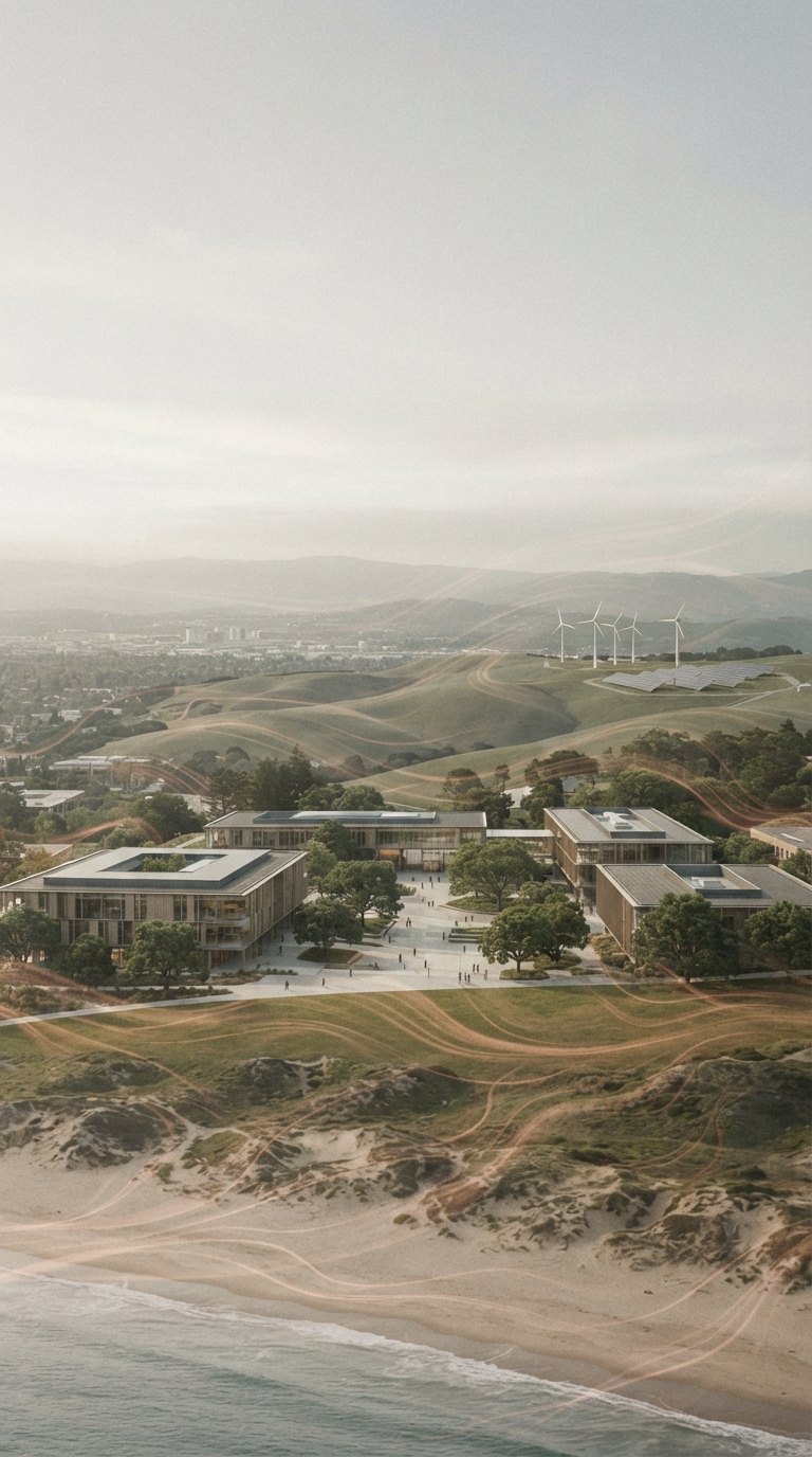 Campus costero conectado con ciudad, campos y energía renovable por una red de aprendizaje matemático